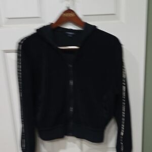 Burberry Navy Blue Zip-Up Hoodie with Side Plaid Stripes Ladies Size L Velour